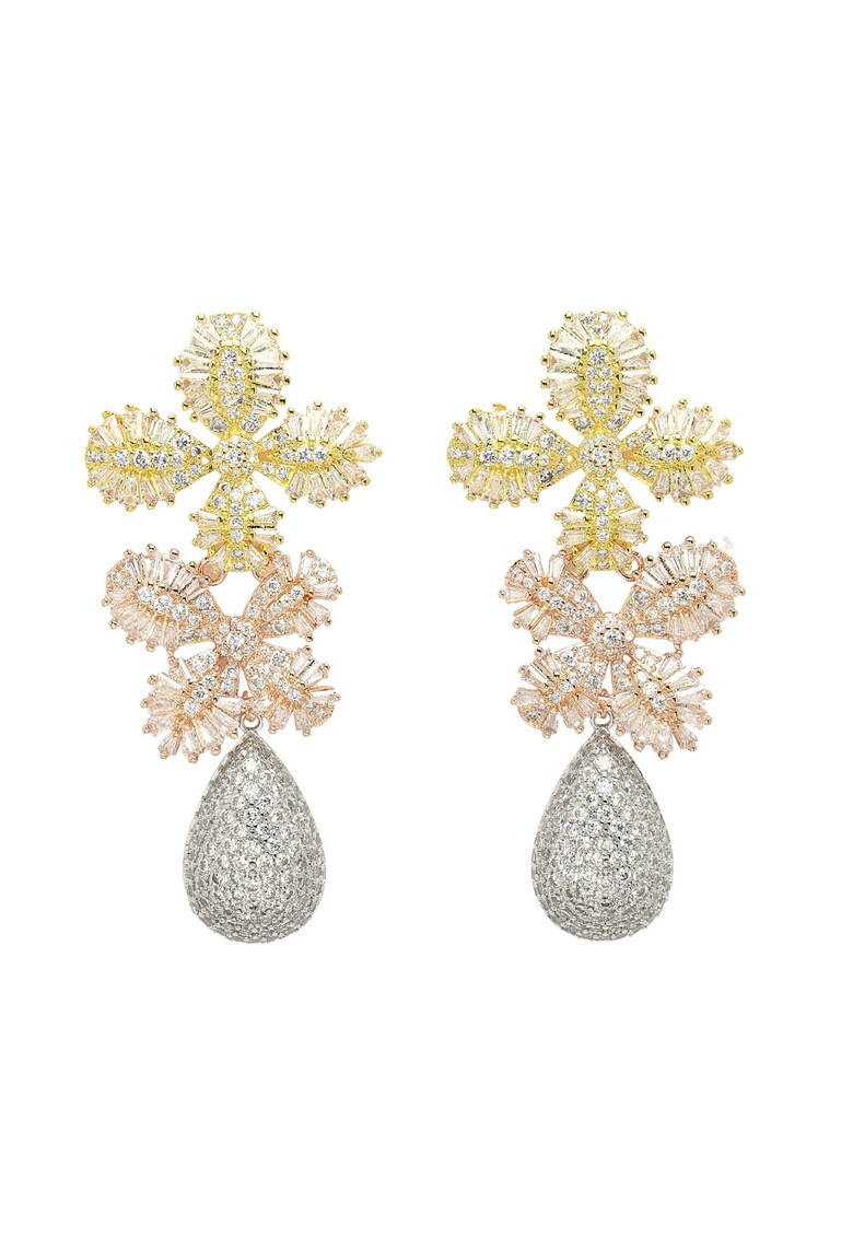 Cercei duali drop in forma de floare placati cu aur de 18K