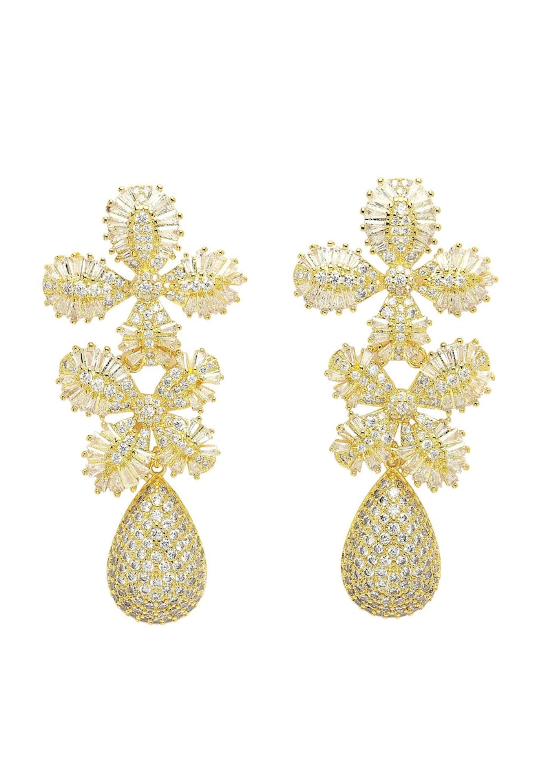Cercei duali drop in forma de floare placati cu aur de 18K