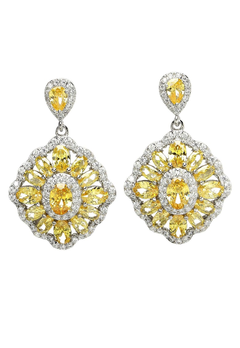 Cercei drop cu model in doua tonuri si zirconia cubica