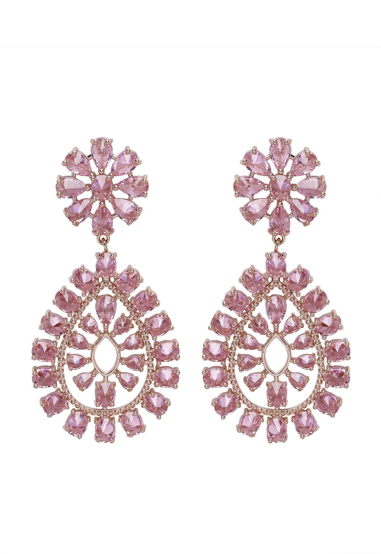 Cercei drop placati cu aur de 18K - model floral si zirconia