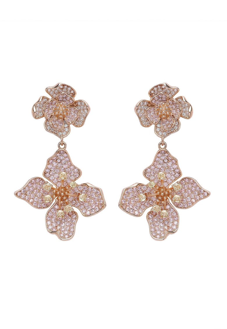Cercei cu model floral - placati cu aur de 18K si zirconia - Roz