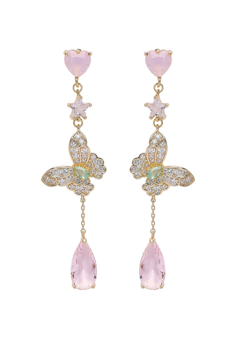 Cercei drop placati cu aur de 18K cu fluture si cristale