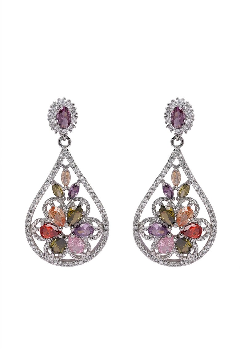 Cercei drop cu model floral si zirconia