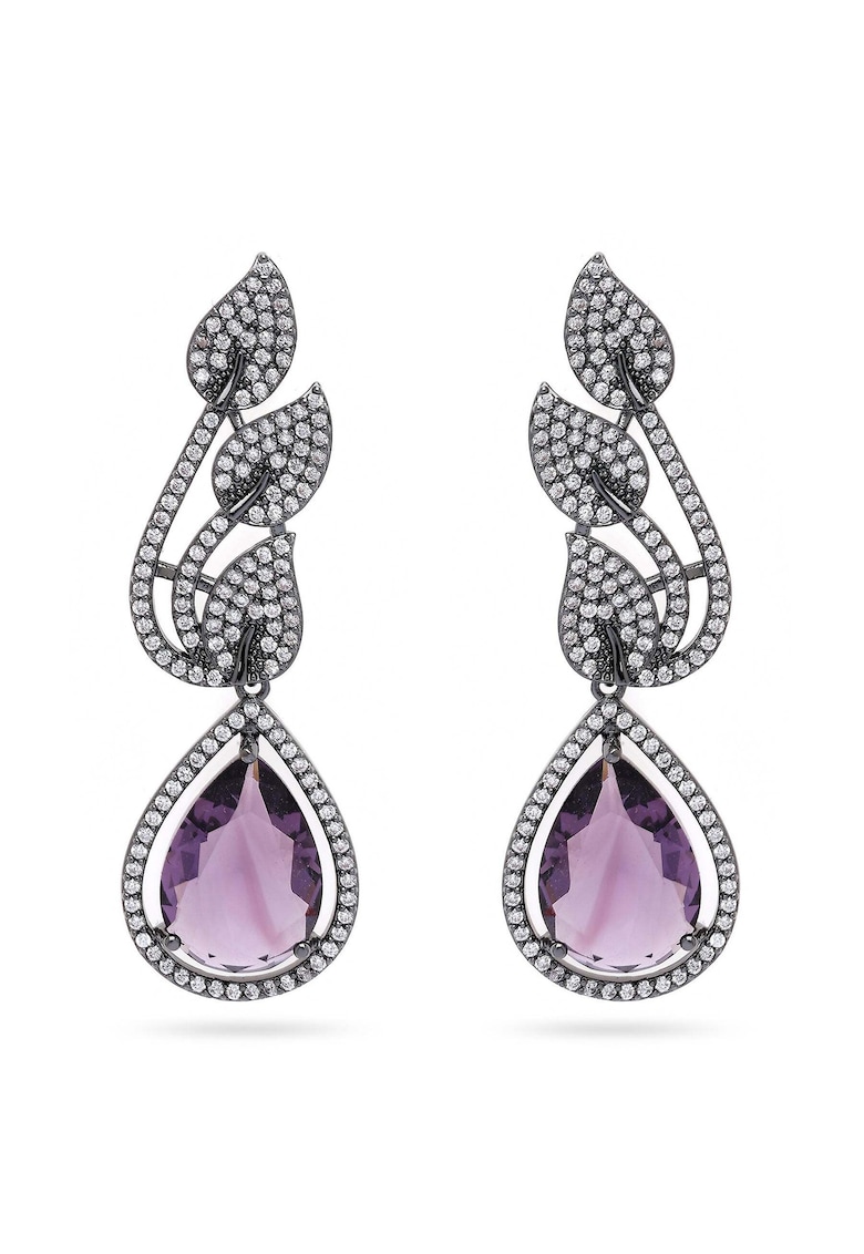 Cercei lungi in forma de frunza cu cristale