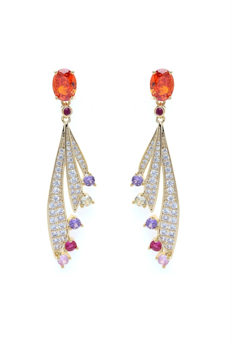 Cercei drop placati cu aur de 18K si pana cu cristale