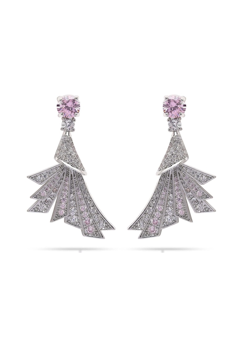Cercei drop in forma de pana placati cu rodiu - Roz