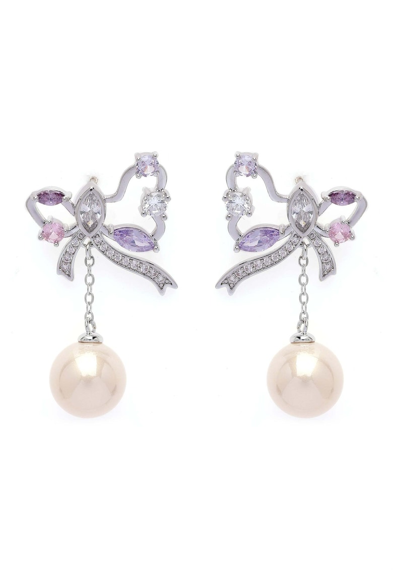 Cercei placati cu rodiu cu zirconia si perle sintetice