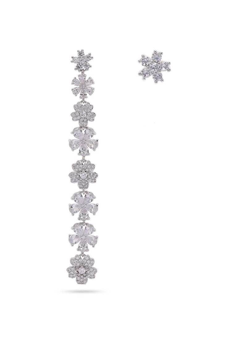 Cercei asimetrici placati cu rodiu cu zirconia si elemente florale