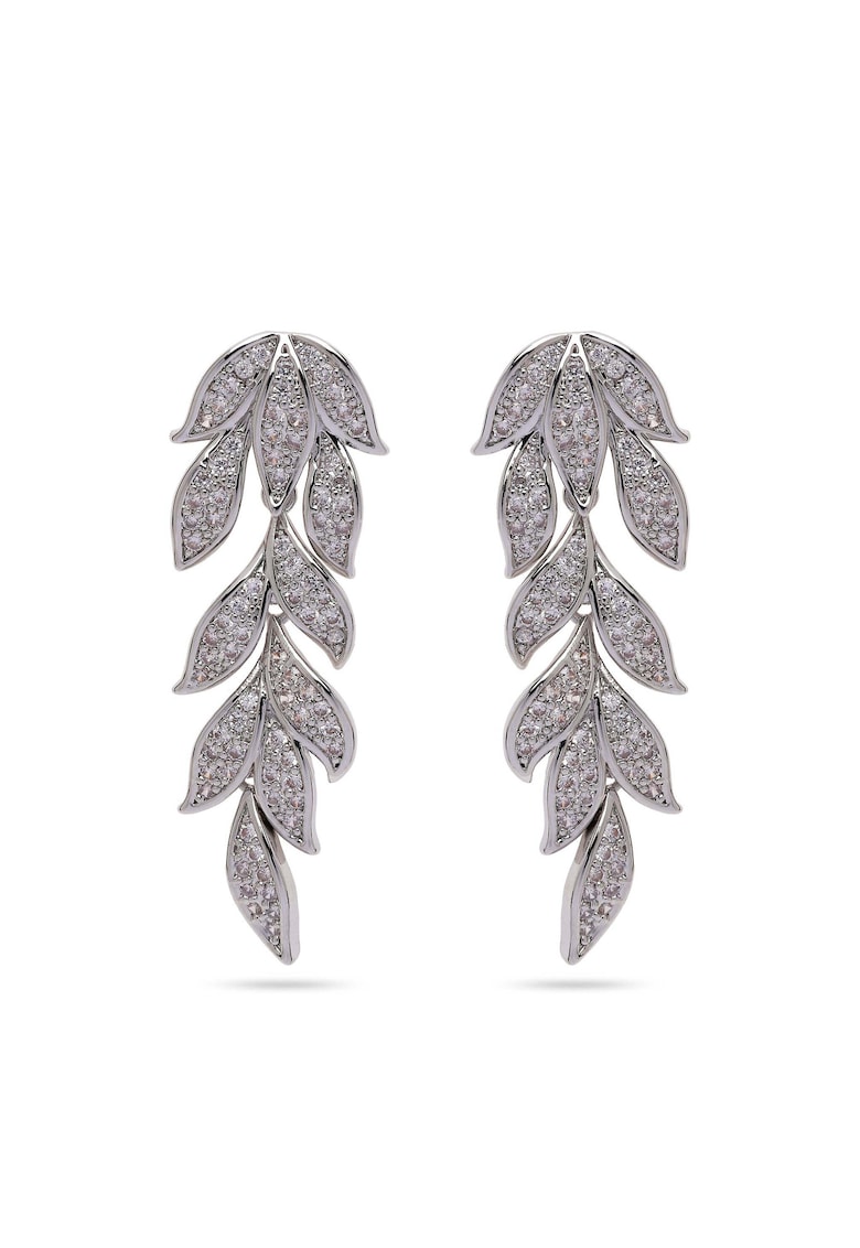 Cercei placati cu rodiu - zirconia si elemente in forma de frunza
