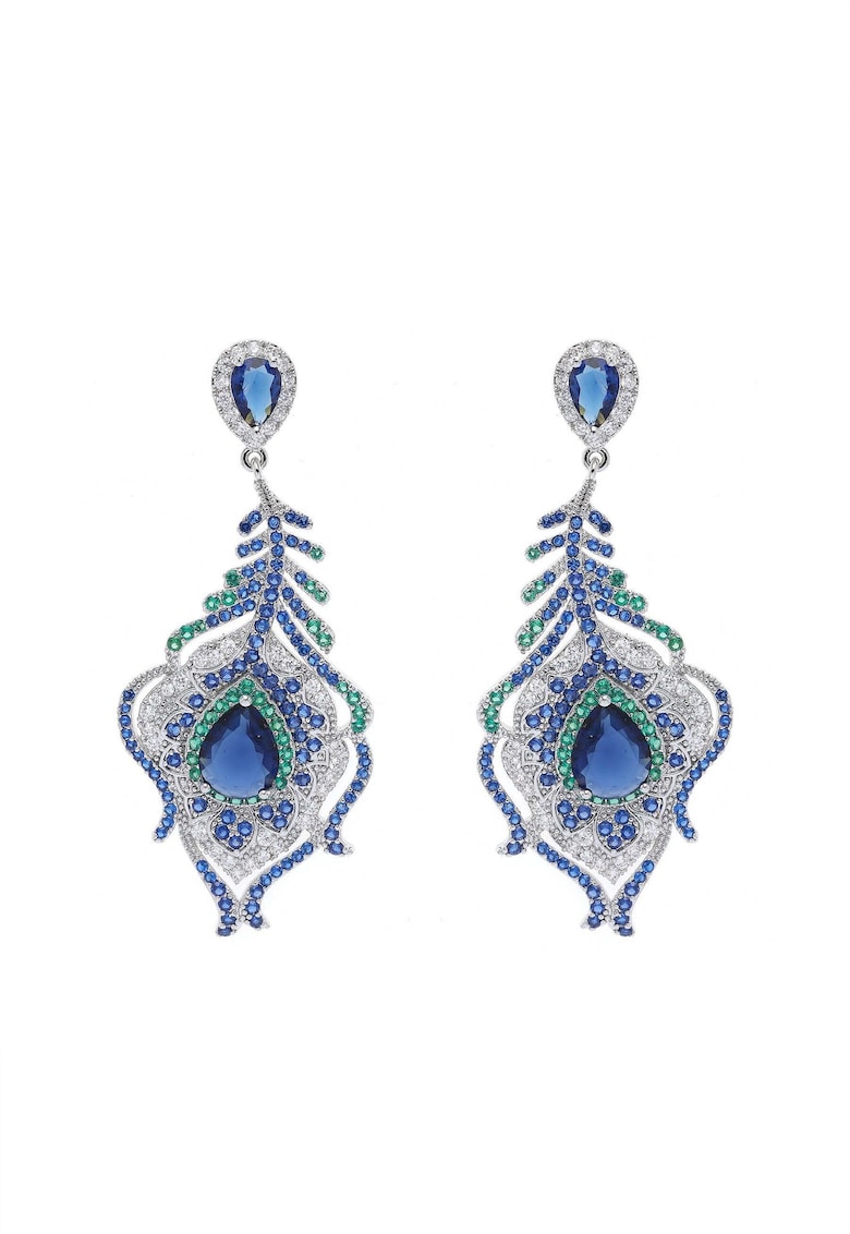 Cercei drop cu model pana de paun si decorati cu cristale