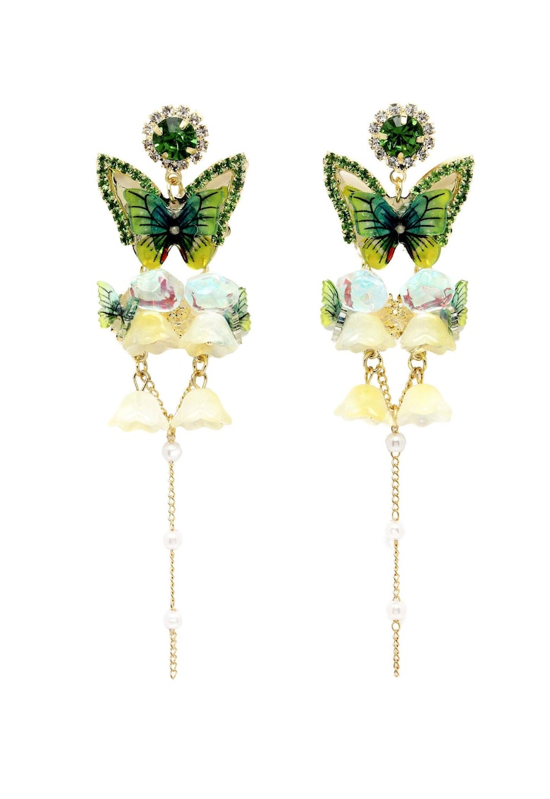 Cercei lungi cu cristal si fluture placati cu aur de 18K - Verde