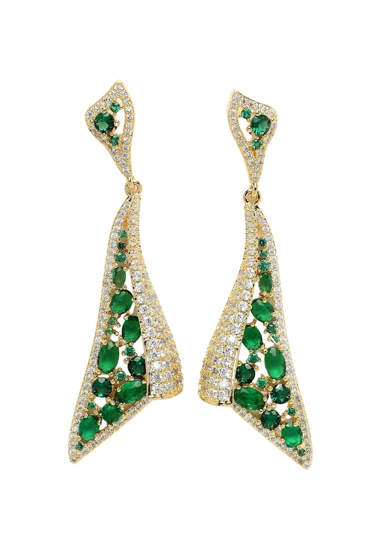 . Cercei lungi triunghiulari placati cu aur de 18K si cristale