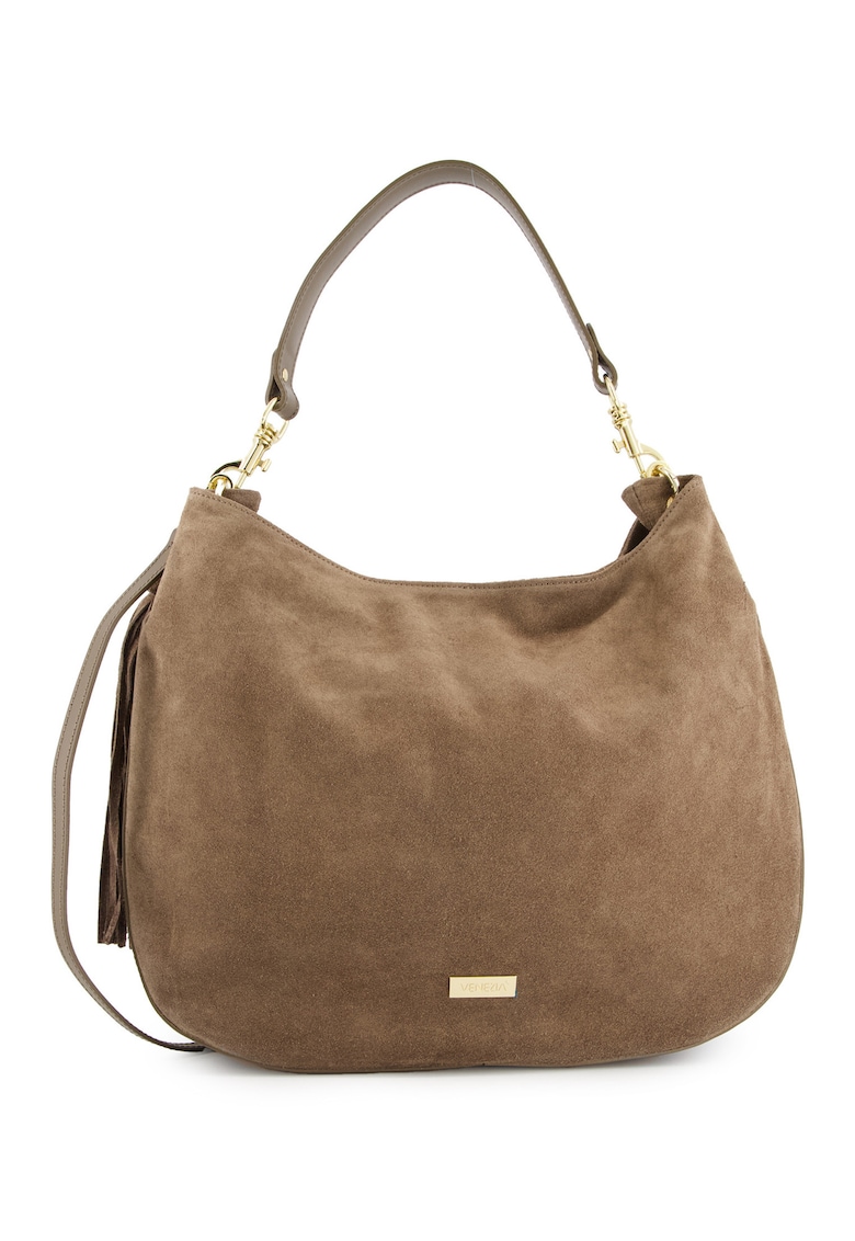 Geanta shopper piele intoarsa - maro - 33x43x10cm - detalii aurii - curea detasabila 117cm