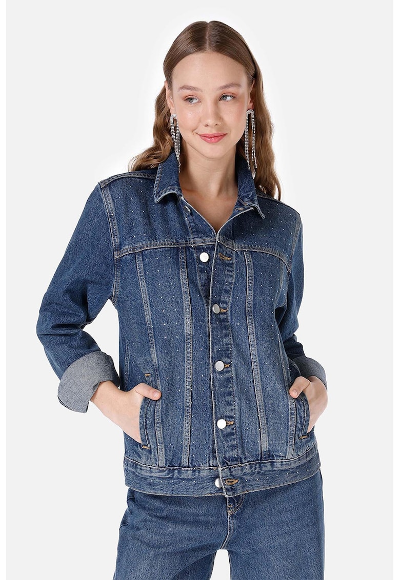 Jacheta din denim cu aplicatii cu strasuri