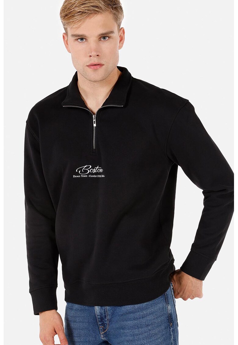 Bluza de trening din amestec de bumbac cu fenta cu fermoar - Negru