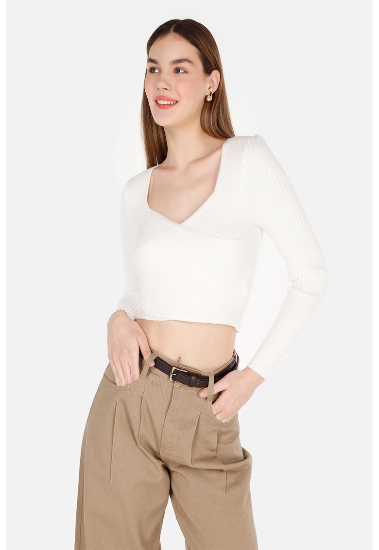 Pulover crop cu decolteu patrat - Alb fildes