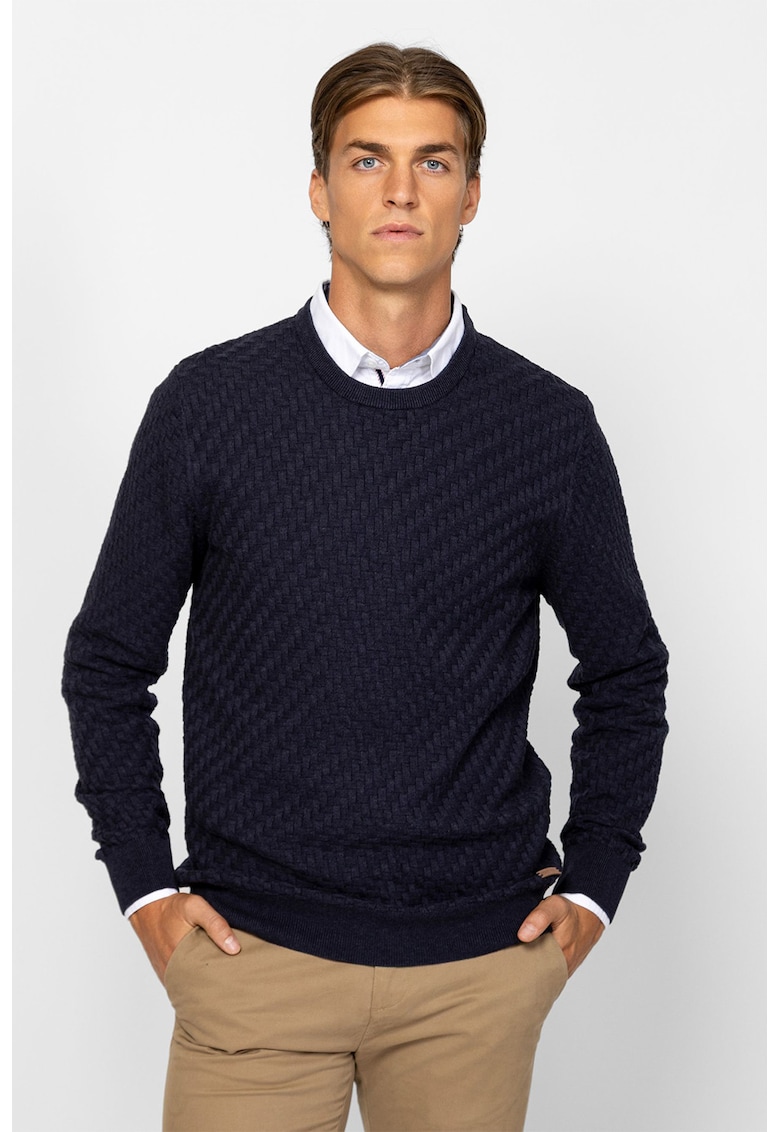 Pulover de bumbac cu decolteu la baza gatului - Albastru ultramarin