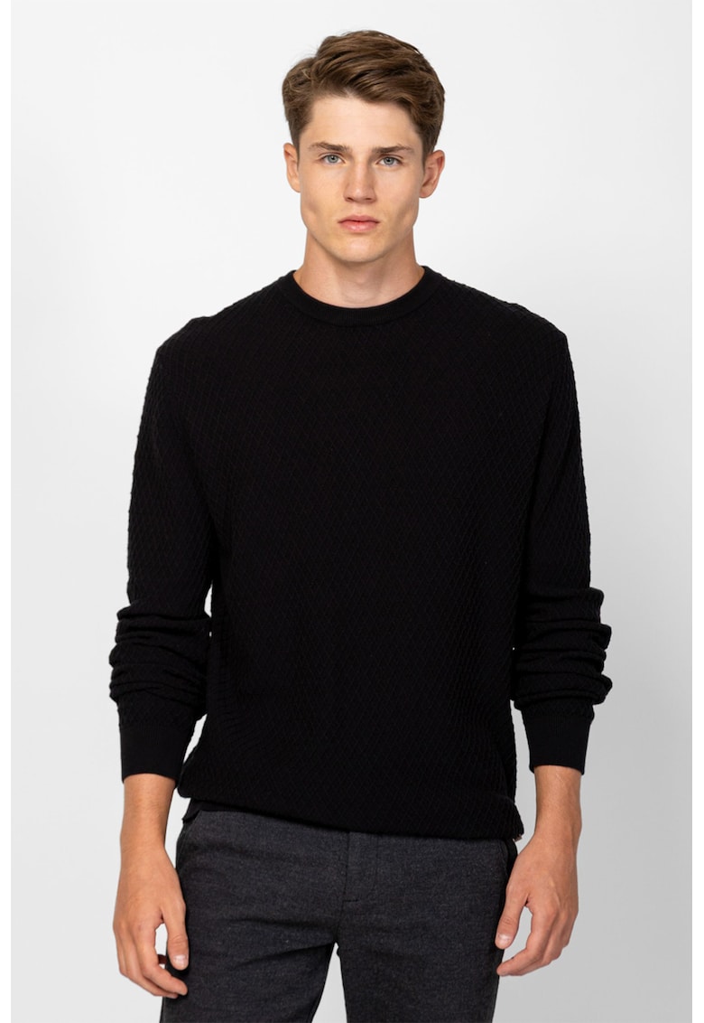 Pulover uni tricotat fin cu decolteu la baza gatului