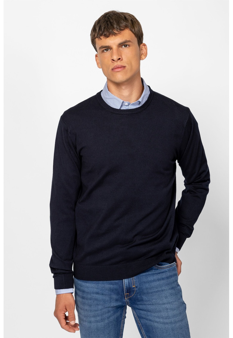 Pulover uni tricotat fin cu decolteu la baza gatului