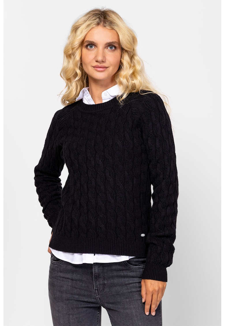 Pulover cu decolteu la baza gatului si model torsade - Negru