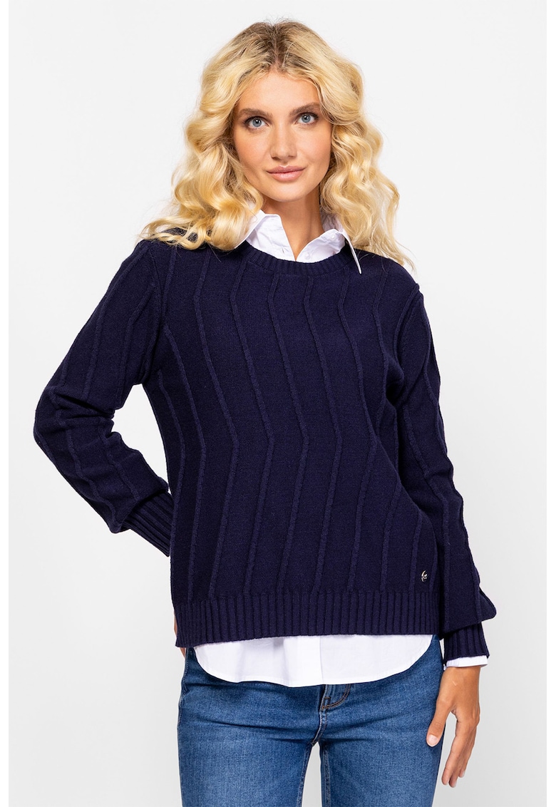 Pulover cu decolteu la baza gatului si mansete elastice - Albastru ultramarin