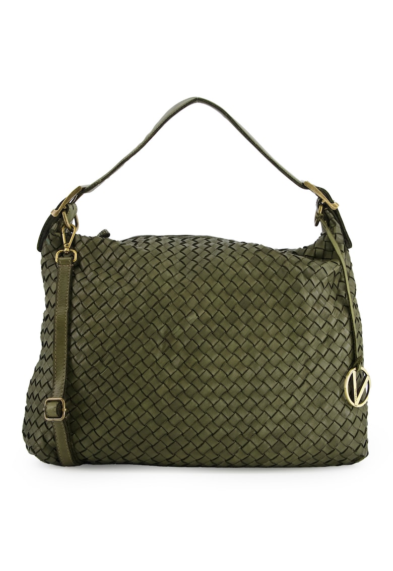 Geanta crossbody din piele naturala verde - 40x51x9cm - cu 3 buzunare interioare - curea detasabila max 120cm