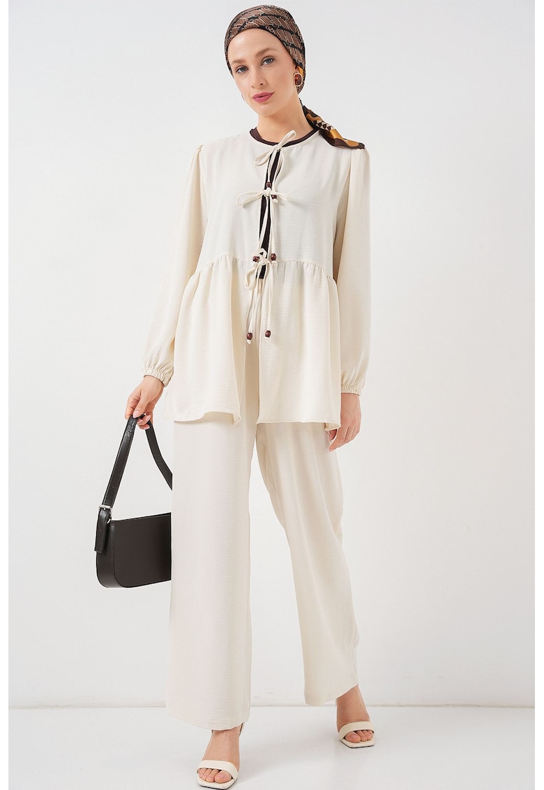 Set bluza tunica cu guler rotund si pantaloni largi Ecru - textil