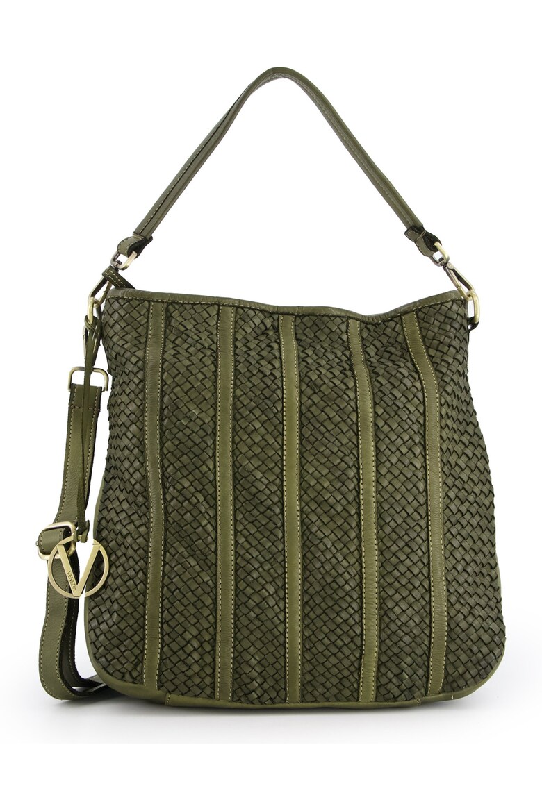 Geanta shopper din piele naturala - verde - 37x35x12cm - cu 3 buzunare interioare - curea detasabila max. 122cm