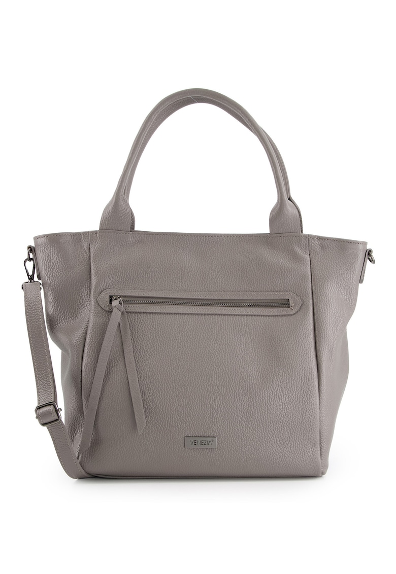 Geanta dama shopper gri - piele naturala - 34x44x12cm - cu 3 compartimente interioare - curea detasabila 105cm