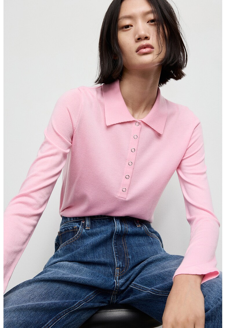 Pulover polo tricotat fin - Roz pastel