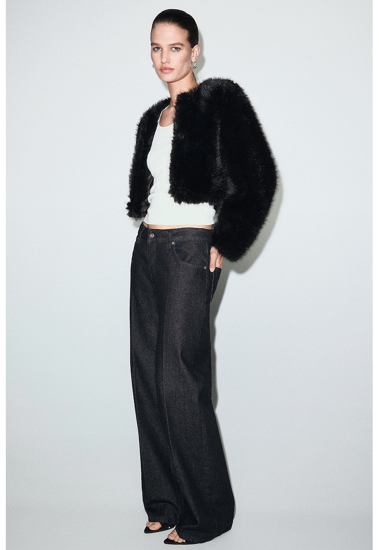 Jacheta crop de blana sintetica - Negru