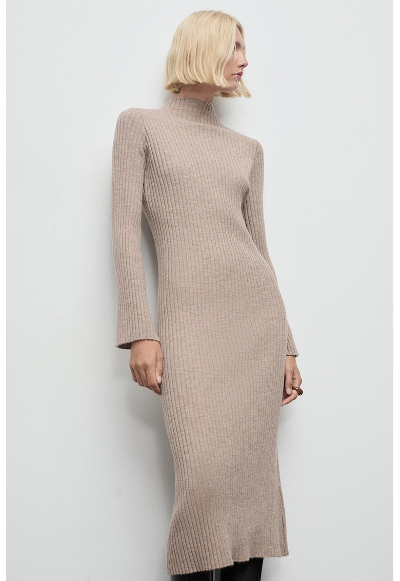 Rochie midi striata cu maneci lungi