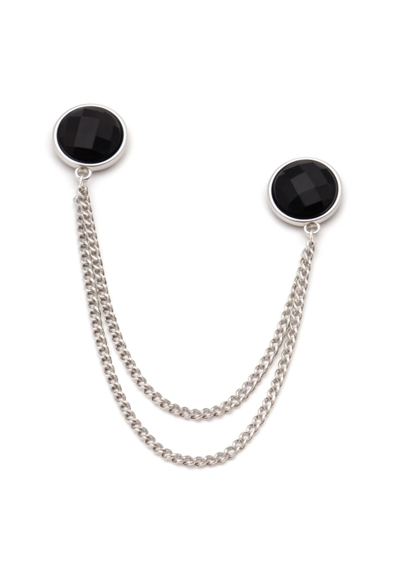 Brosa argintie cu lant dublu si pietre negre