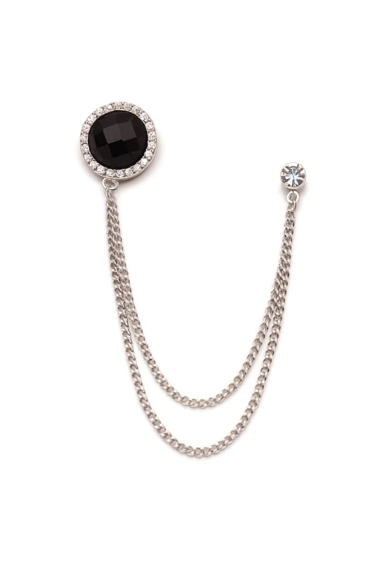 Brosa argintie cu lant dublu si pietre negre