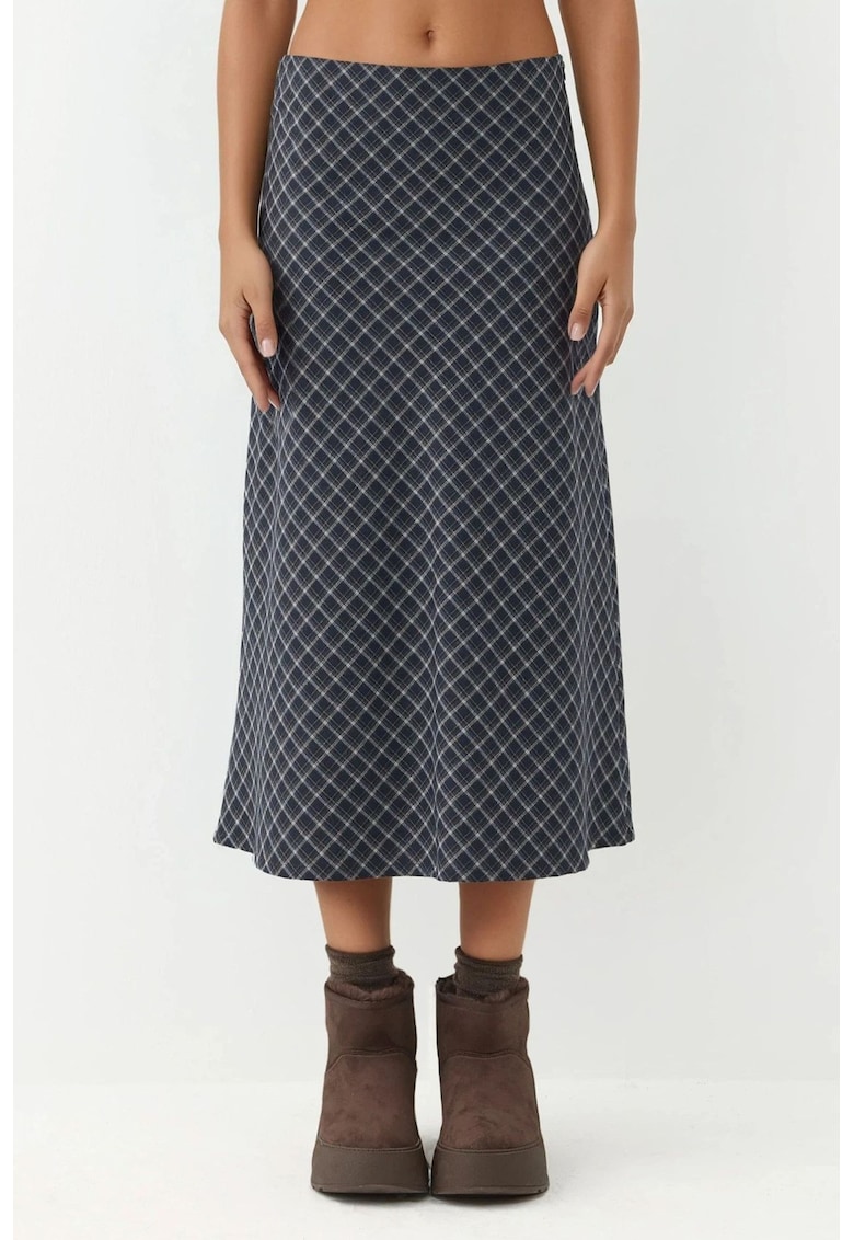 Fusta midi carouri - bleumarin - textil