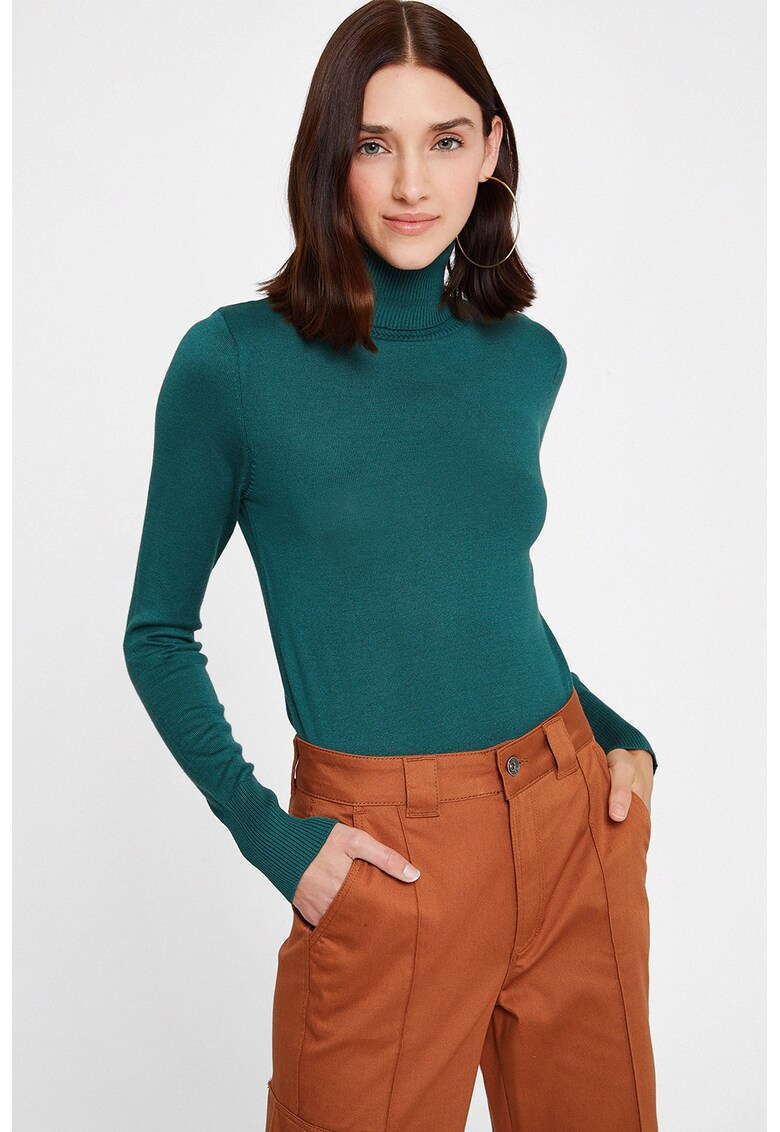 Pulover slim fit cu guler inalt - Verde englez