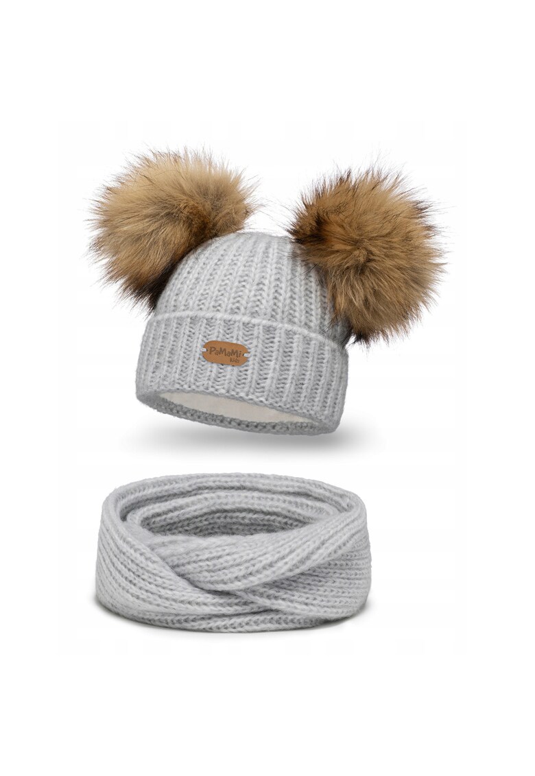 Set de iarna pentru copii - caciula gri cu pompoane - esarfa din lana - 50-55 cm