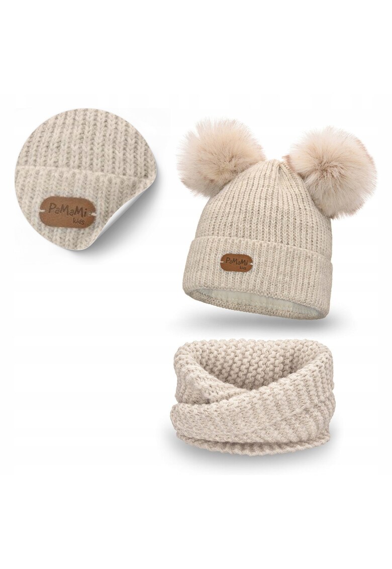 Set de iarna pentru copii - caciula cu pompoane si esarfa - bej - 3-7 ani