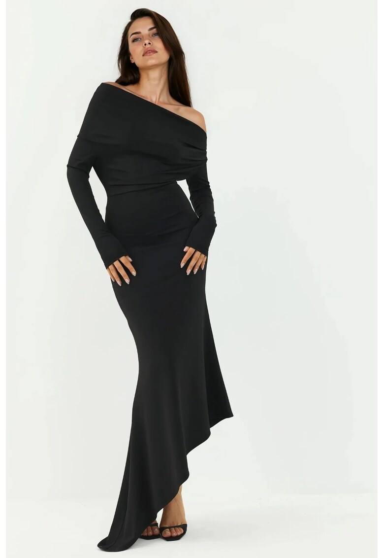 Rochie lunga bodycon - decolteu barcuta - negru - jerseu -
