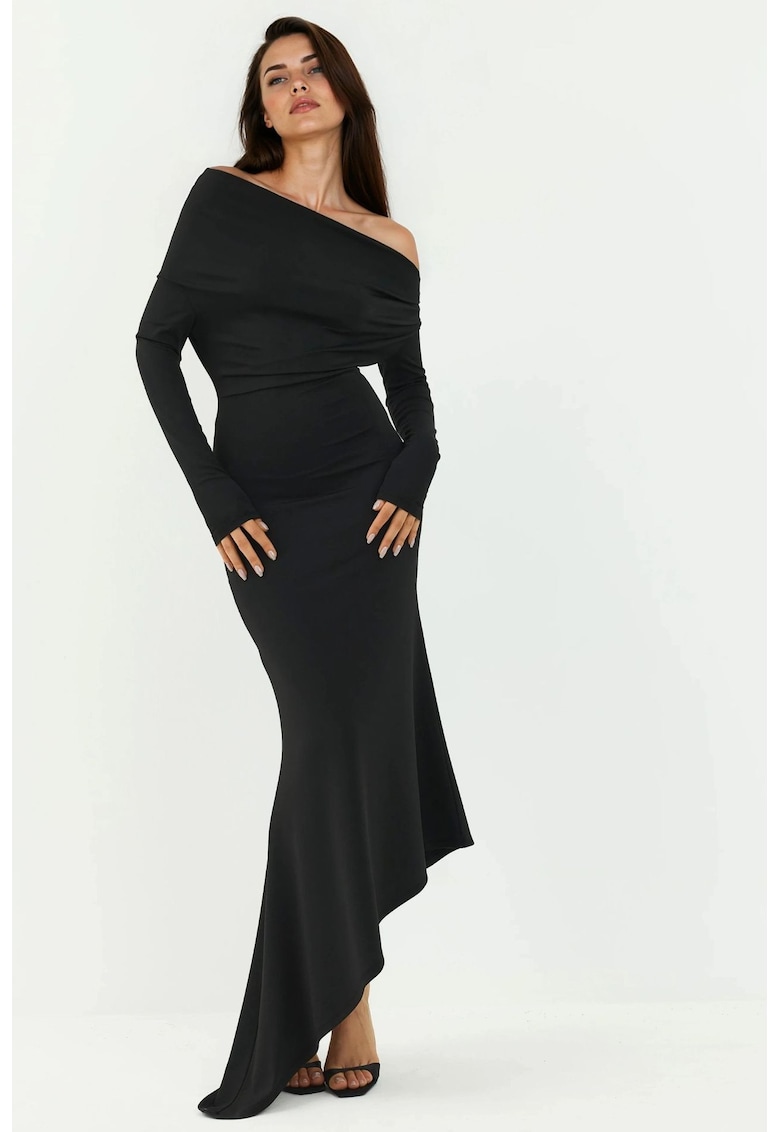 Rochie Maxi Bodycon - Decolteu Barcuta - Negru - Jerseu