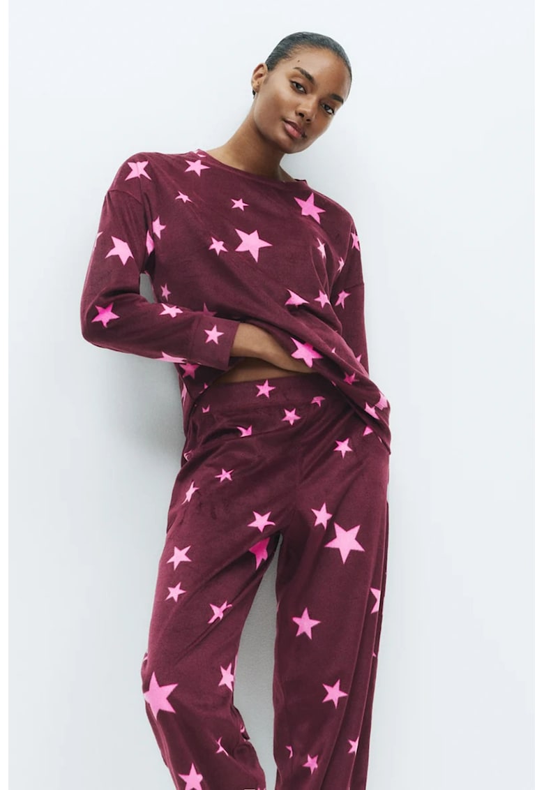 Marks Spencer Pijama cu aspect de catifela cu model - Violet tyrian/Roz