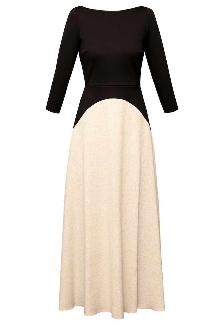 Rochie midi din bumbac si in Nerisa - Negru si Bej