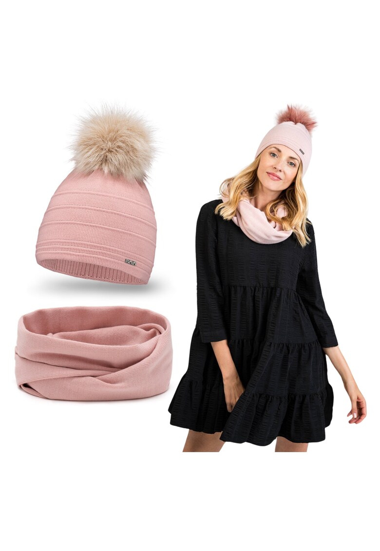 Set de iarna pentru femei - caciula roz cu pompom din blana ecologica si esarfa -