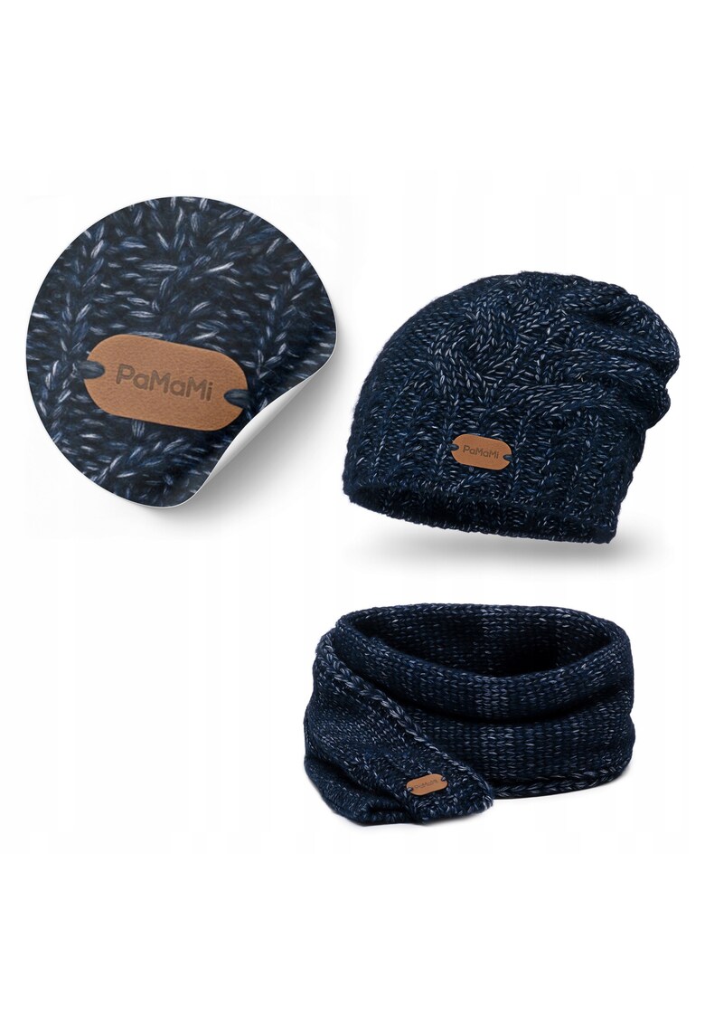 Set de iarna pentru femei - caciula Strumfita cu esarfa lunga 2 in 1 - bleumarin - lana merinos -