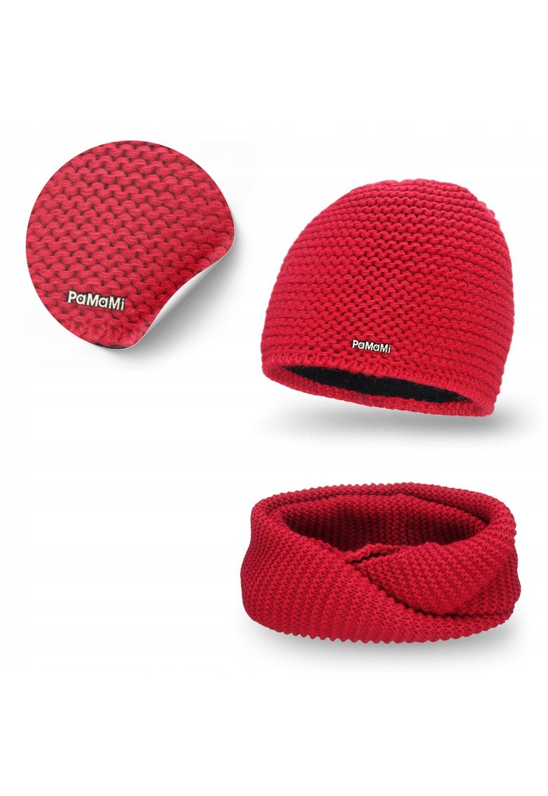 Set de iarna pentru femei - esarfa tubulara si caciula din fleece - rosie - marime