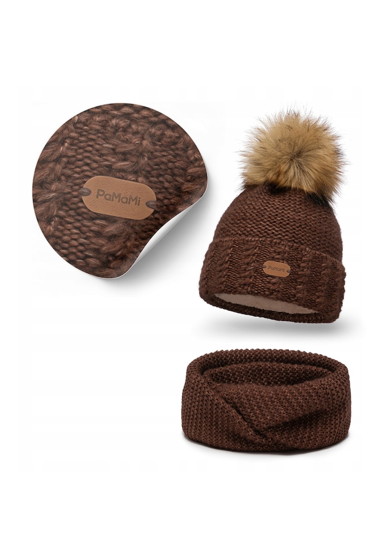 Set de iarna femei - caciula cu esarfa tubulara - 51% lana merinos - maro -