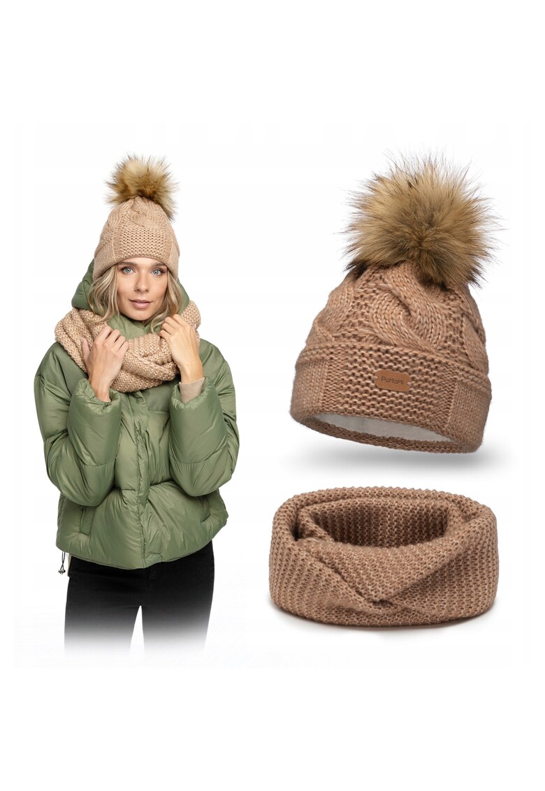 Set de iarna pentru femei - caciula maro din fleece cu pompom si incalzitor de gat - marime universala