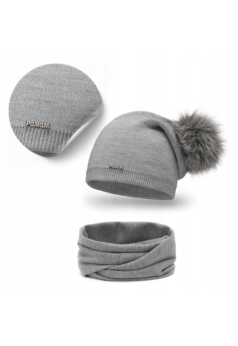 Set de iarna pentru femei - caciula extinsa Strumfita si esarfa - gri -