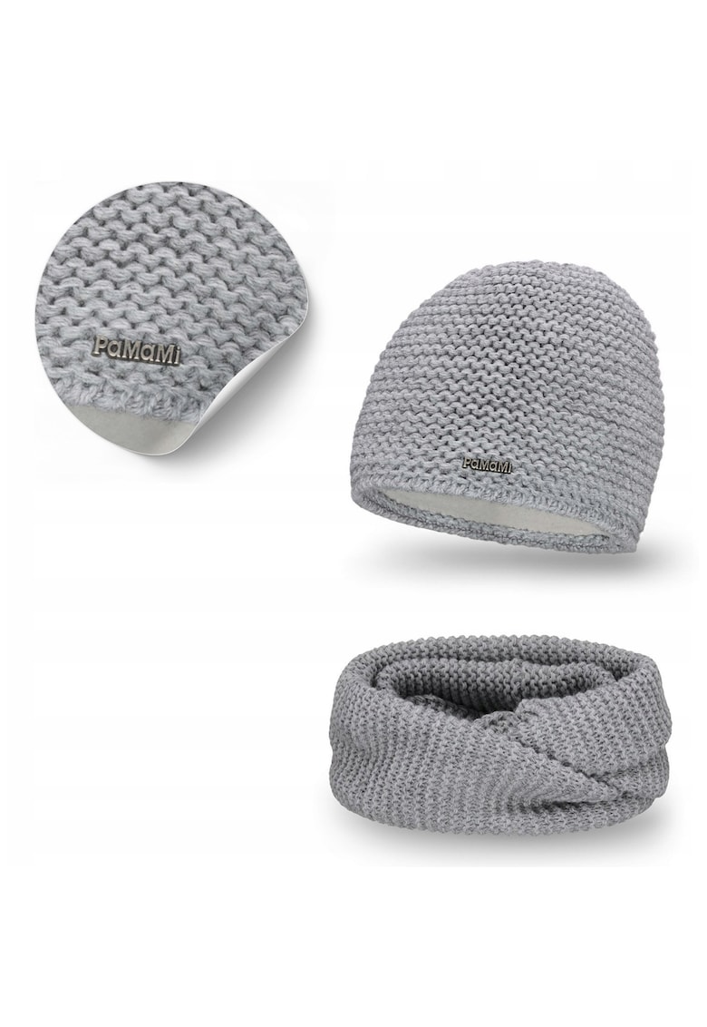 Set de iarna pentru femei - caciula gri deschis cu guler din fleece -