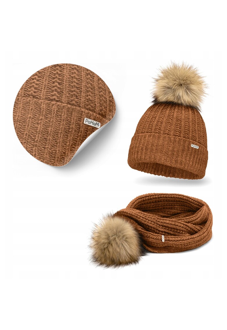 Set de iarna pentru femei - caciula cu pompom si esarfa maro - dimensiune caciula 23x20cm - esarfa 36x88cm